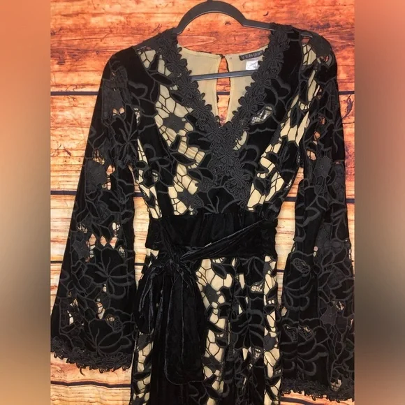 Velvet Lace Illusion Dress Black Flare Sleeve Boho Whimsigoth Flare size 16 - Picture 7 of 14